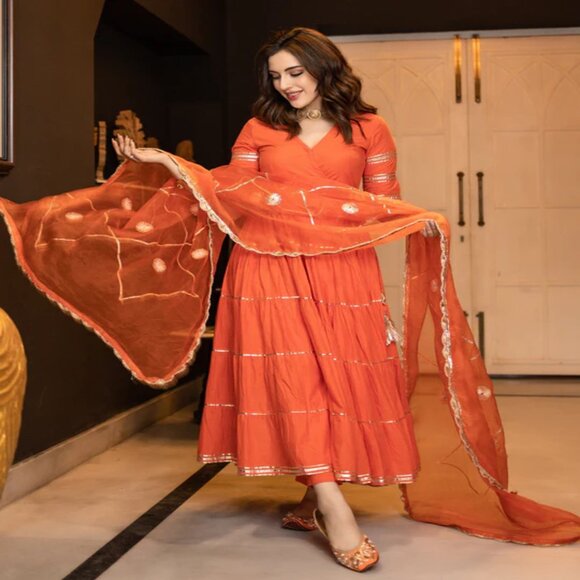 Orange Gotapatti Angrakha Tiered Cotton Suit Set - Picture 1 of 7